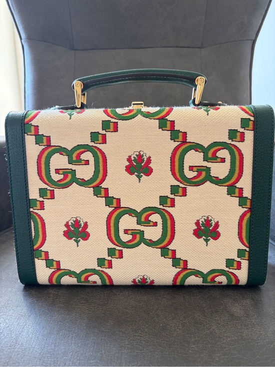 Gucci Handbags - Gucci Cream Canvas Top-Handle Bag with Green and Red GG Motif